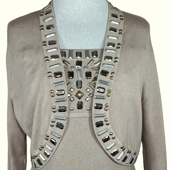 Cache Twin Set Tan Knit Bolero Shrug & Matching Tube Top With Rhinestone… - Picture 2 of 16